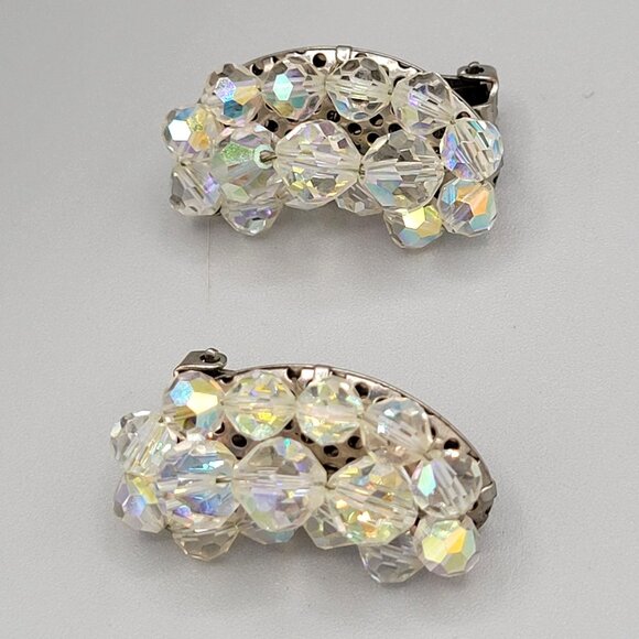 Vintage AB Aurora Borealis Crystal Curved Clip On Earrings 1940s - Picture 2 of 6